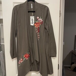 MANORENO MEDIUM NWT Olive Draped Cardigan with Floral Embroidery